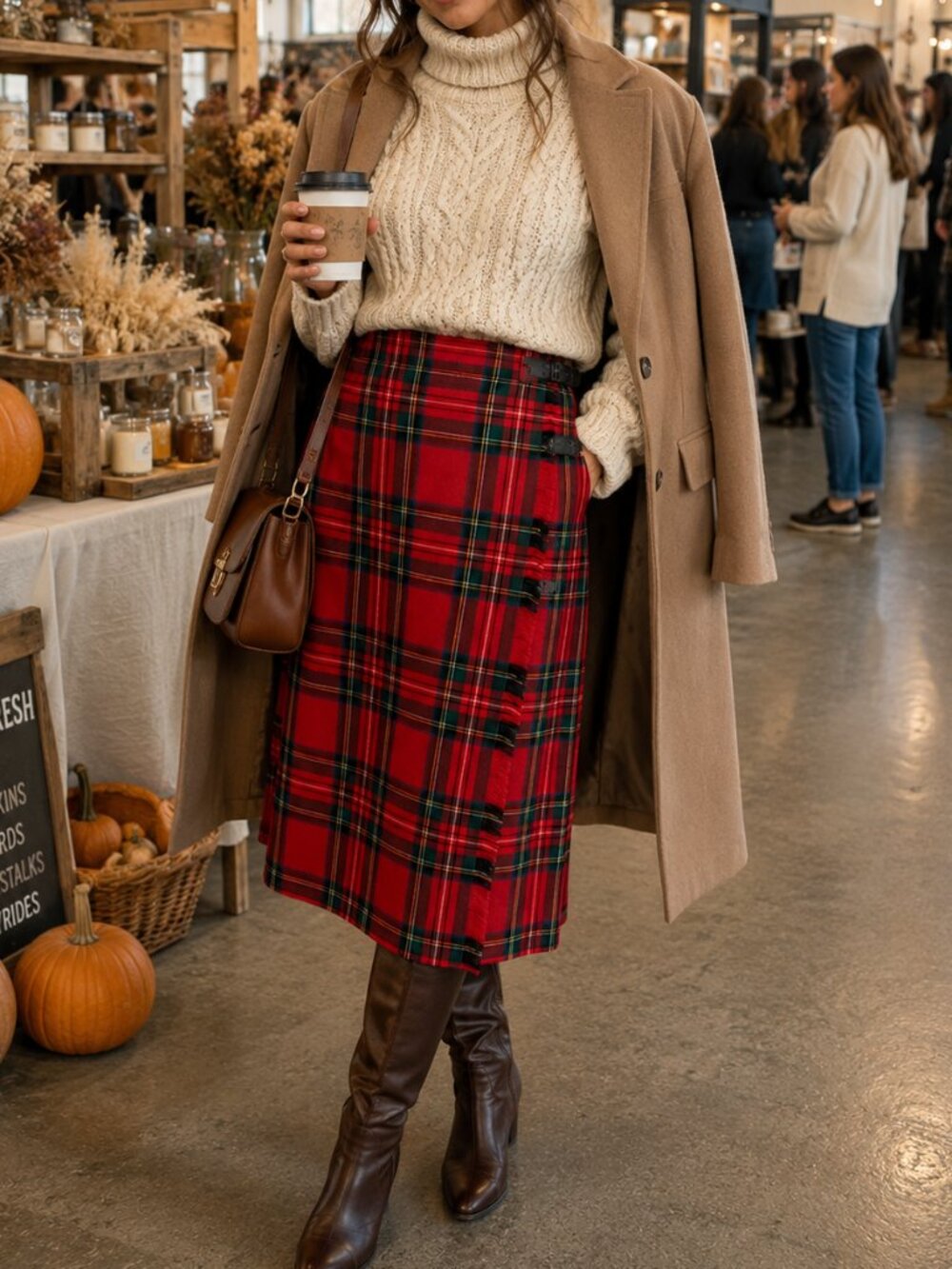 Scottish Vintage Pure New Wool Wrap Kilt Skirt Red Royal Stewart Tartan Midi